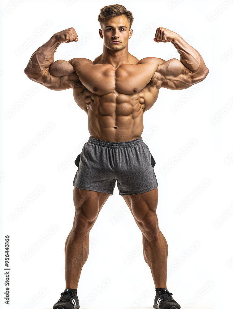 A muscular male bodybuilder flexing his arms, showing off his physique, isolated on a white background A muscular male bodybuilder flexing his arms, showing off his physique, isolated on a white background