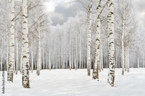 A serene winter landscape featuring white birch trees amidst a snowy ground.