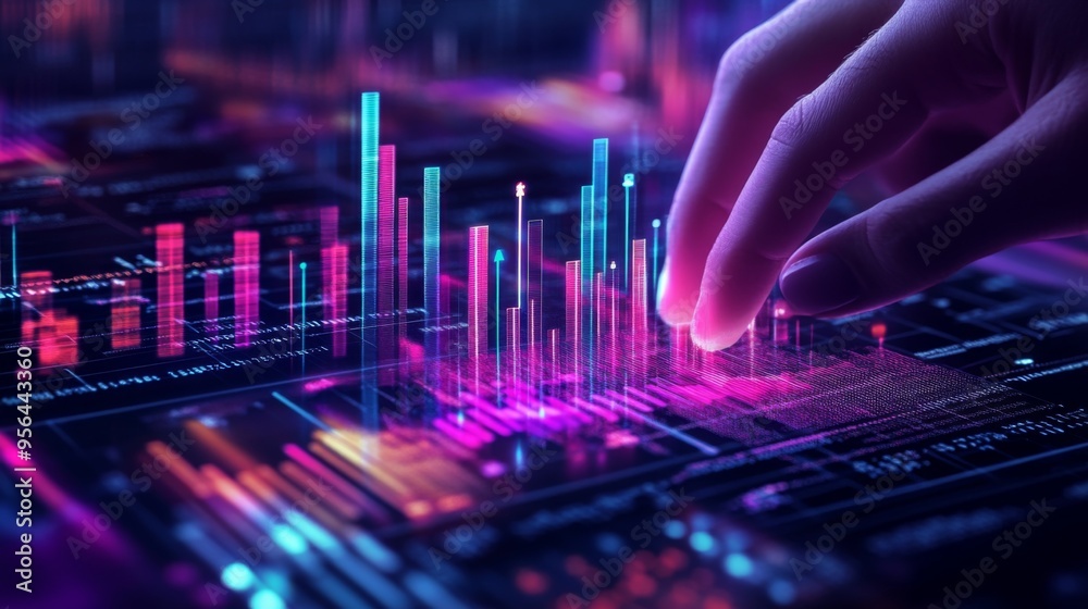 Interactive bar chart with each bar highlighting as a hand hovers over it, futuristic data concept Interactive bar chart with each bar highlighting as a hand hovers over it, futuristic data concept
