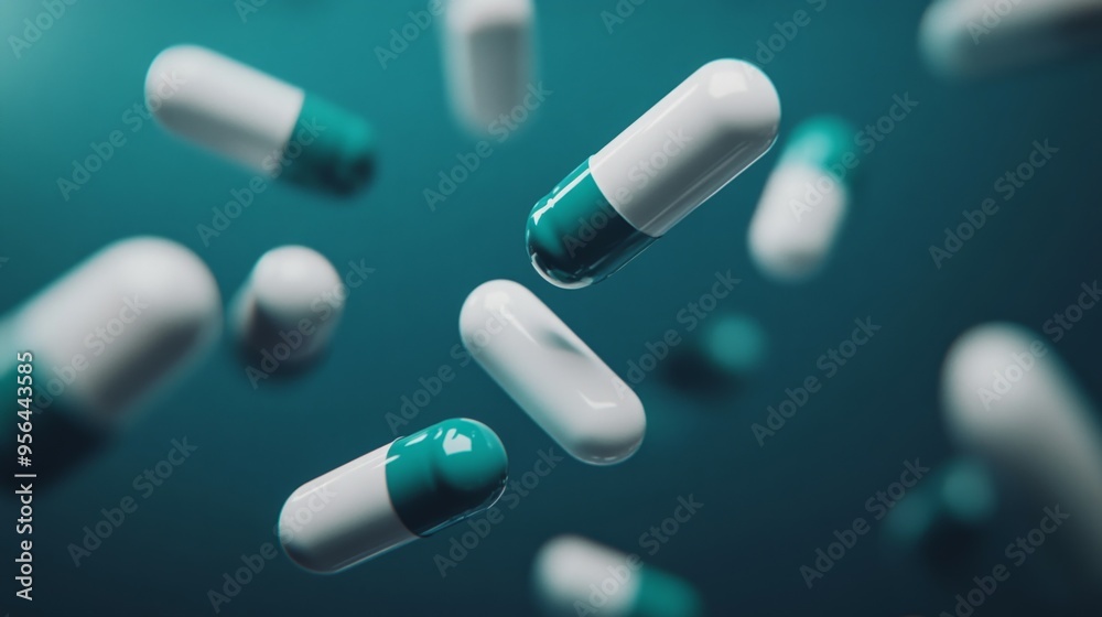 Close-up of a white and teal pill capsule floating in the air Close-up of a white and teal pill capsule floating in the air