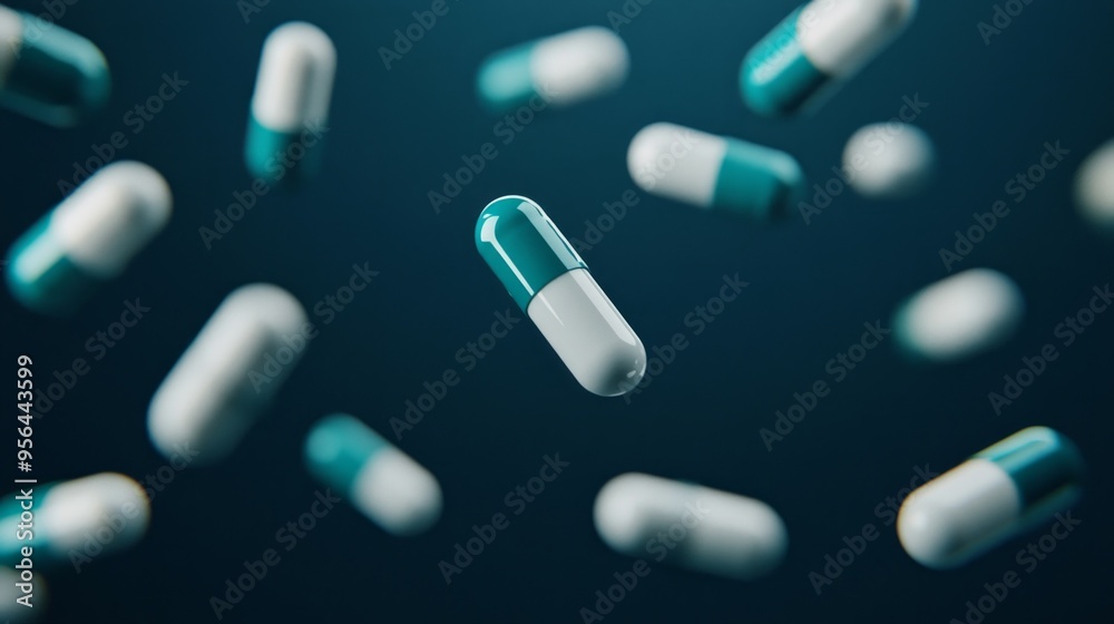 Close-up of a white and teal pill capsule floating in the air Close-up of a white and teal pill capsule floating in the air