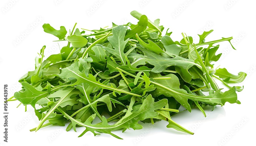 A pile of green fresh rucola or arugula leaf isolated on white background A pile of green fresh rucola or arugula leaf isolated on white background