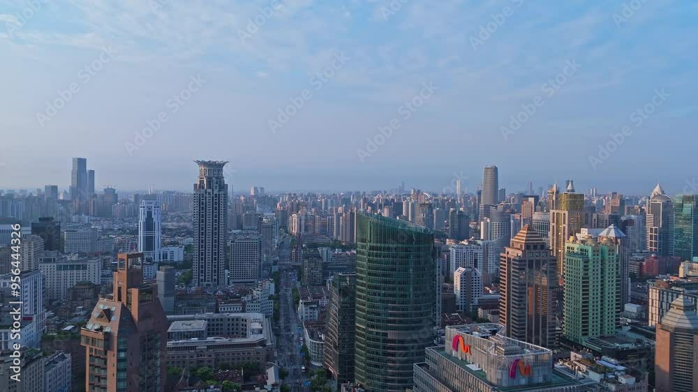 Shanghai, China - August 23rd 2024: 4K real time Aerial view of modern city skyline and buildings at sunrise in Shanghai Shanghai, China - August 23rd 2024: 4K real time Aerial view of modern city skyline and buildings at sunrise in Shanghai