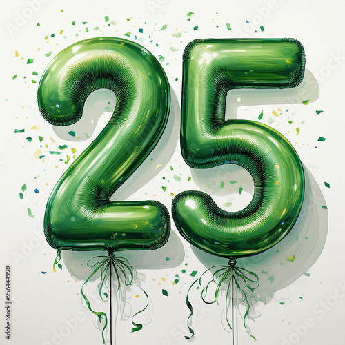 Green birthday / anniversary balloon, number 25, white background