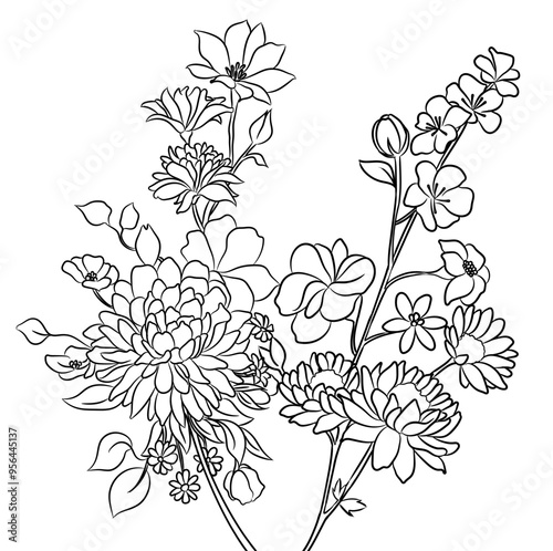 Flower arrangements, drawn by hand in black and white, suitable for tattoos or coloring books