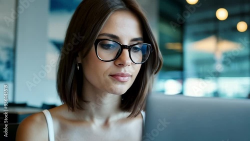 Young woman wearing glasses, focused on working on her laptop in a modern, well-lit café office environment.