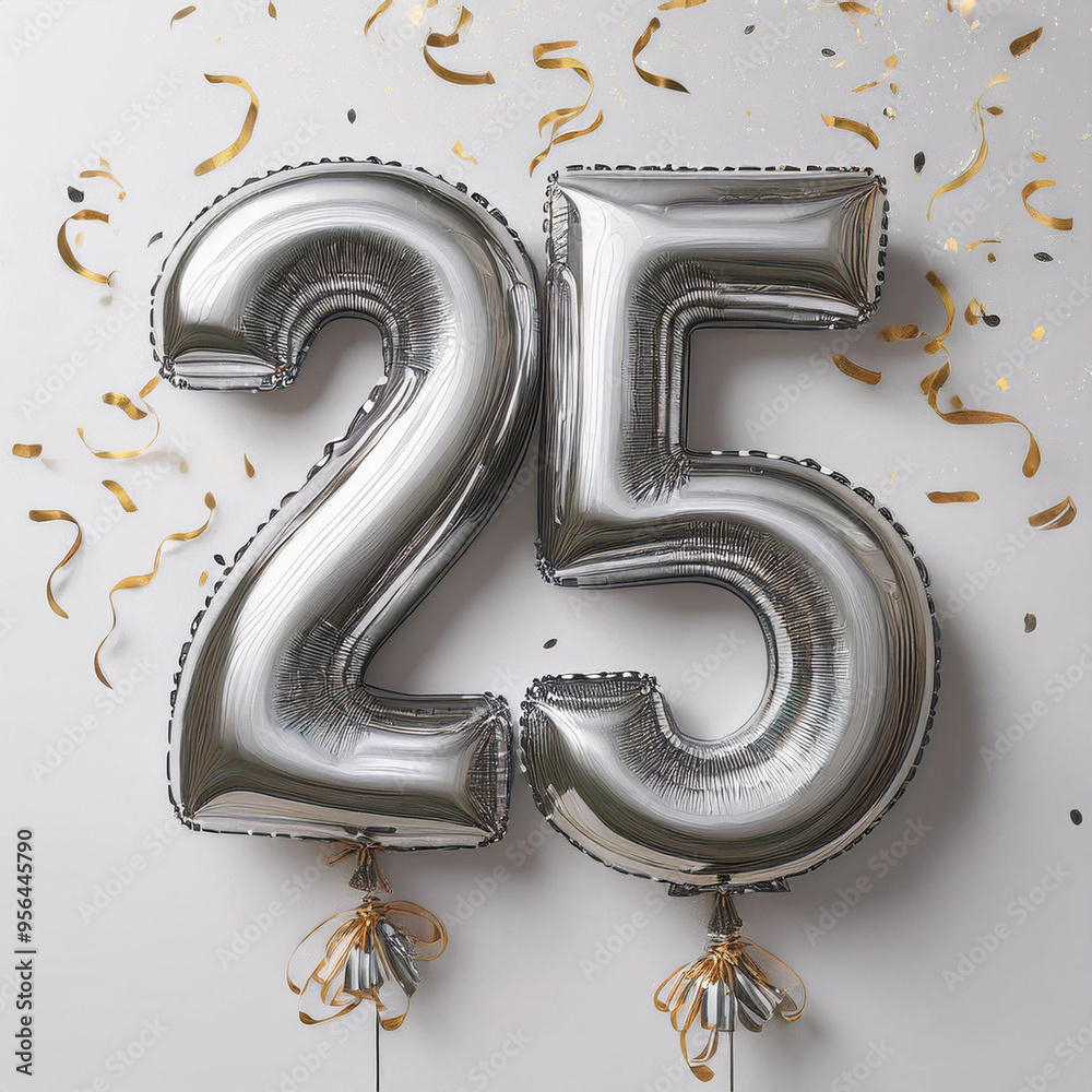 Silver birthday / anniversary balloon, number 25, white background with confetti