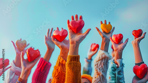 Group of diverse people with arms and hands raised towards hand painted hearts. Charity donation, volunteer work, support, assistance. Multicultural community. People diversity
