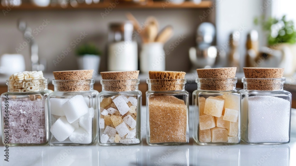 Neatly glass jars filled with sugar substitutes like stevia and erythritol, Neatly glass jars filled with sugar substitutes like stevia and erythritol,