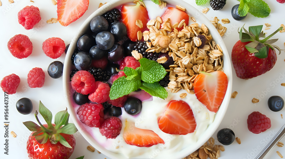 A breakfast bowl overflowing with fresh fruits, ideal for illustrating nutritious and colorful meals A breakfast bowl overflowing with fresh fruits, ideal for illustrating nutritious and colorful meals
