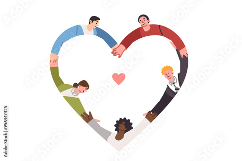 Friendly multinational people hold hands forming heart shape and demonstrate commitment to love