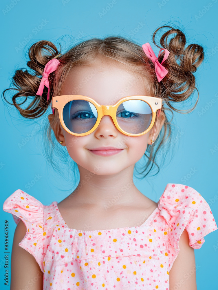 A young girl wearing a pink dress and orange sunglasses A young girl wearing a pink dress and orange sunglasses