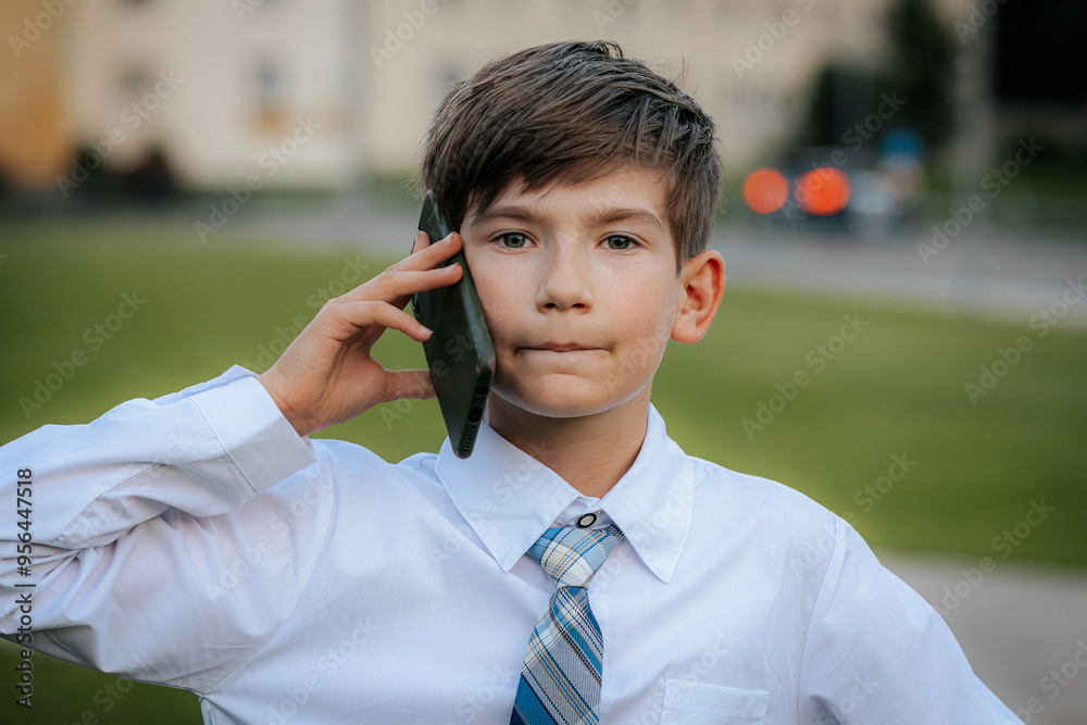 A young boy dressed in a white shirt and blue plaid tie is walking through an urban park while talking on a smartphone. His expression is focused as he strolls along the path A young boy dressed in a white shirt and blue plaid tie is walking through an urban park while talking on a smartphone. His expression is focused as he strolls along the path