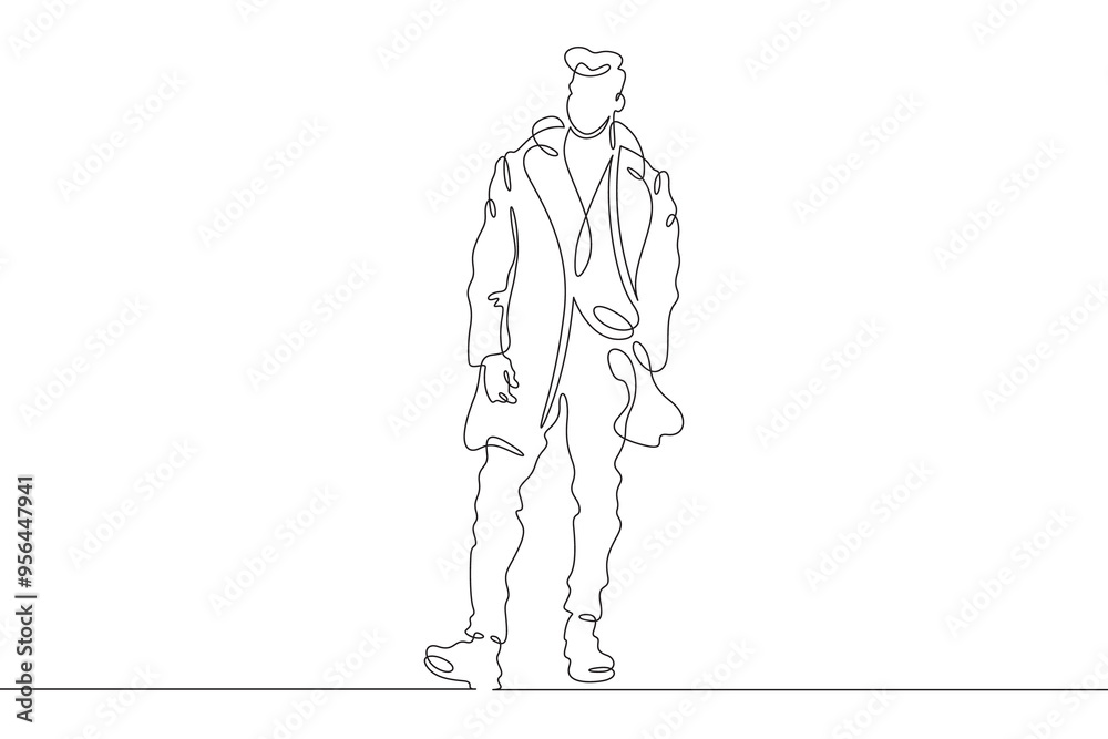 Continuous one line drawing a man in beautiful winter clothes. A young man is walking in a coat. A stylishly dressed man . One continuous line isolated minimal illustration. Continuous one line drawing a man in beautiful winter clothes. A young man is walking in a coat. A stylishly dressed man . One continuous line isolated minimal illustration.