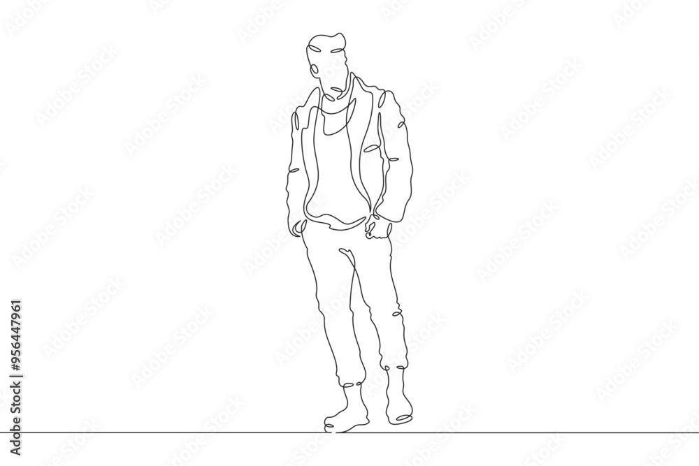 Continuous one line drawing a man in beautiful winter clothes. A young man is walking in a coat. A stylishly dressed man . One continuous line isolated minimal illustration. Continuous one line drawing a man in beautiful winter clothes. A young man is walking in a coat. A stylishly dressed man . One continuous line isolated minimal illustration.