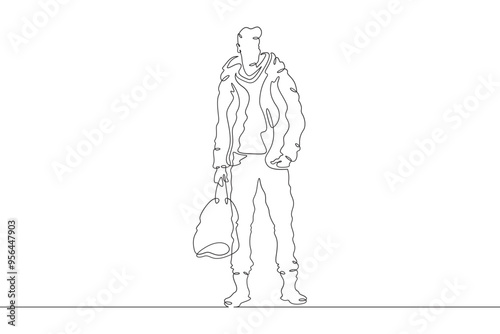Continuous one line drawing a man in beautiful winter clothes. A young man is walking in a coat. A stylishly dressed man . One continuous line isolated minimal illustration.