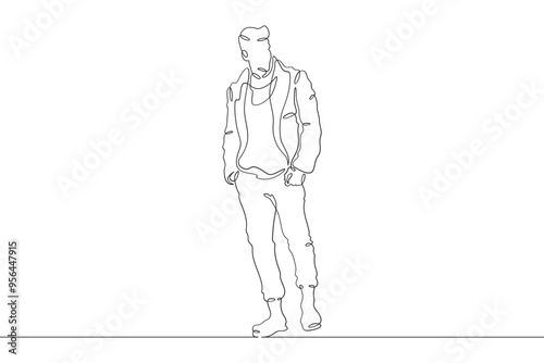 Continuous one line drawing a man in beautiful winter clothes. A young man is walking in a coat. A stylishly dressed man . One continuous line isolated minimal illustration.