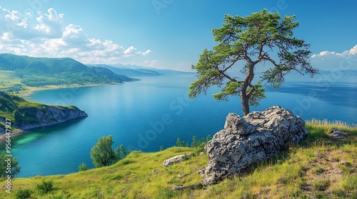 Wallpaper Mural Beautiful summer panoramic landscape with stone at hill and view to lake Chersky stone in Listvyanka village at Baikal lake coast Amazing siberian nature Chersky stone at Baikal Siberi : Generative AI Torontodigital.ca