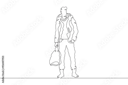 Continuous one line drawing a man in beautiful winter clothes. A young man is walking in a coat. A stylishly dressed man . One continuous line isolated minimal illustration.