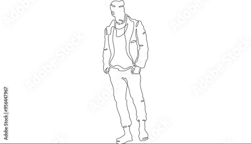 Continuous one line drawing a man in beautiful winter clothes. A young man is walking in a coat. A stylishly dressed man . One continuous line isolated minimal illustration.