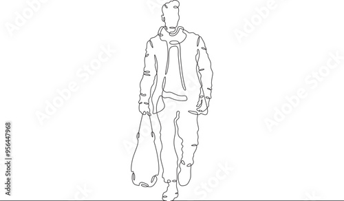 Continuous one line drawing a man in beautiful winter clothes. A young man is walking in a coat. A stylishly dressed man . One continuous line isolated minimal illustration.