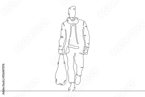 Continuous one line drawing a man in beautiful winter clothes. A young man is walking in a coat. A stylishly dressed man . One continuous line isolated minimal illustration.