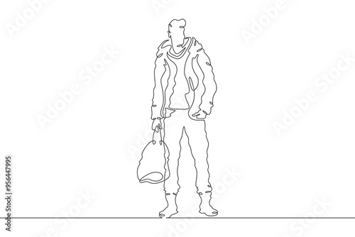 Wallpaper Mural Continuous one line drawing a man in beautiful winter clothes. A young man is walking in a coat. A stylishly dressed man . One continuous line isolated minimal illustration. Torontodigital.ca