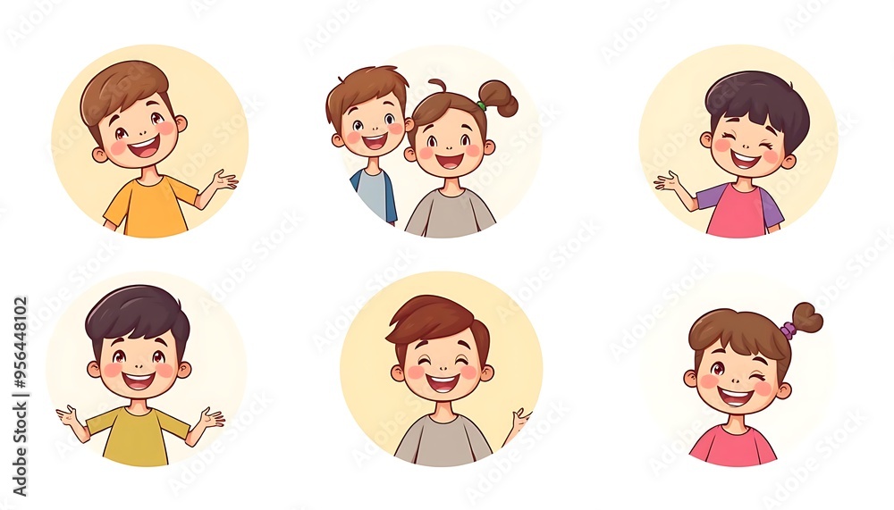Delighted Kids Collection: Vector Illustrations of Happy Children in Round Frames Delighted Kids Collection: Vector Illustrations of Happy Children in Round Frames