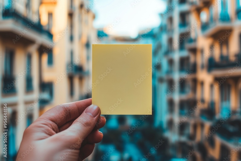 closeup of a hand holding post it with luxury appartment background closeup of a hand holding post it with luxury appartment background