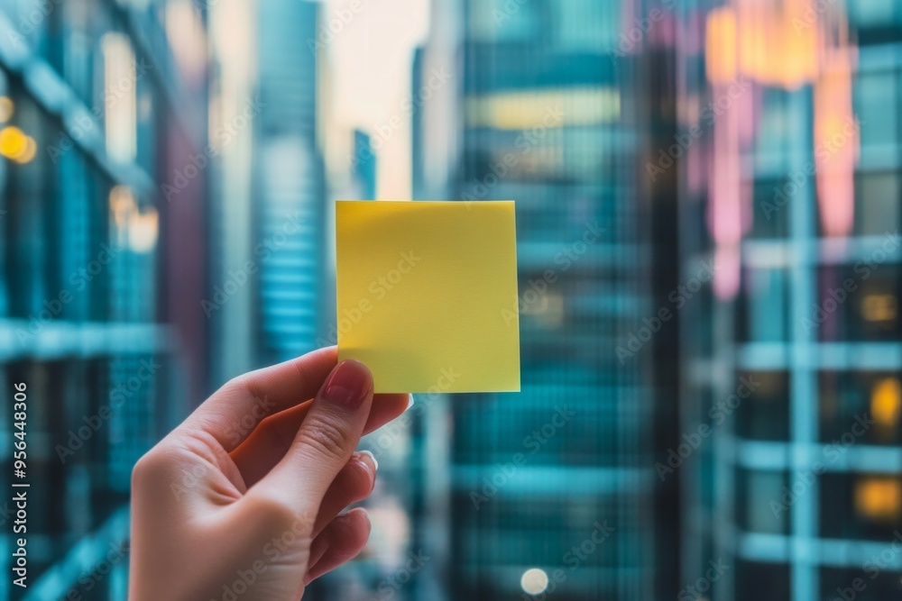 closeup of a hand holding post it with luxury appartment background closeup of a hand holding post it with luxury appartment background