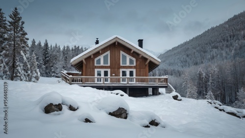 Snowy Scandinavian chalet with minimalist winter scenery