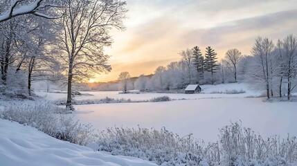 The vibrant dramatic panorama of New England in America at winter sunrise over Weir Farm National Historical Park in Ridgefield and Wilton Connecticut USA : Generative AI