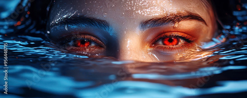 Vampire mermaid with bloodred eyes swimming through dark waters, Halloween, horror and fantasy blend