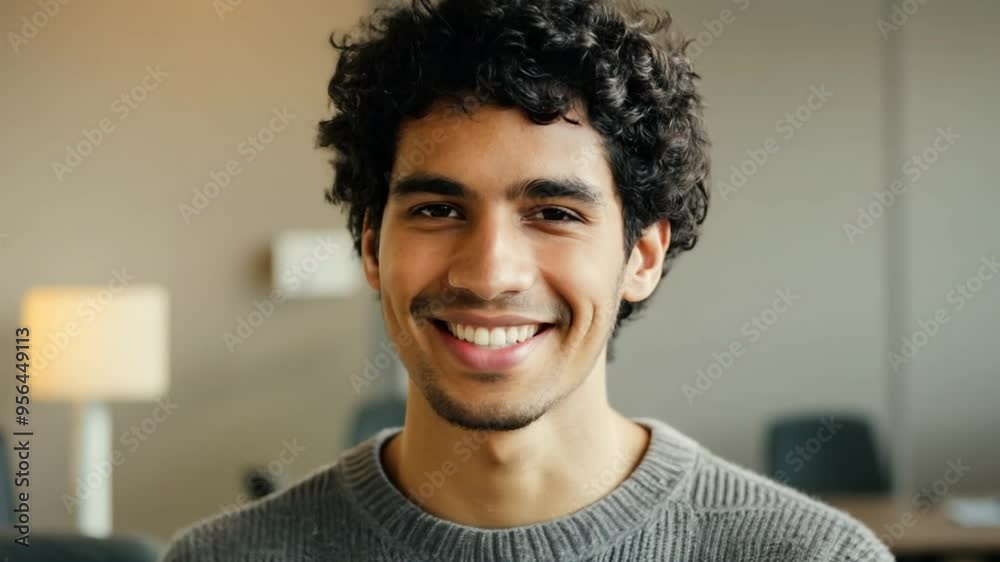 Young man with curly hair smiling at the camera in a cozy, warmly lit room. Young man with curly hair smiling at the camera in a cozy, warmly lit room.