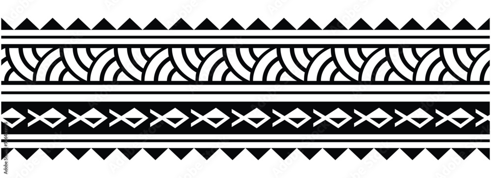 Polynesian pattern tribal tattoo border. Tribal tattoo geometric fore arm samoan band. Tattoo eps forearm samoan sleeve bracelet. Fabric seamless isolated hawaiian pattern on white background. Polynesian pattern tribal tattoo border. Tribal tattoo geometric fore arm samoan band. Tattoo eps forearm samoan sleeve bracelet. Fabric seamless isolated hawaiian pattern on white background.