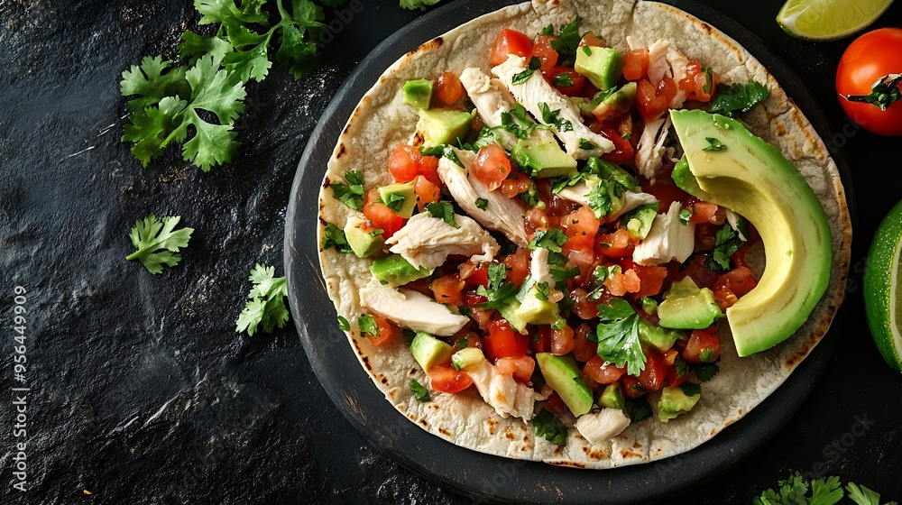 Mini tortillas with tomato salsa avocado and boiled chicken Top view : Generative AI Mini tortillas with tomato salsa avocado and boiled chicken Top view : Generative AI