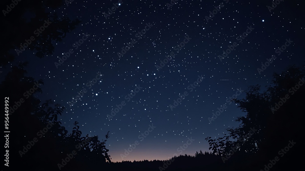 Naklejka premium A night sky filled with stars, framed by silhouetted trees.