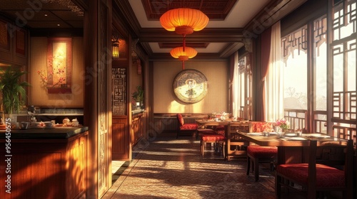 A traditional Chinese restaurant interior. This photo can be used for advertising, menus, or other restaurant-related content.