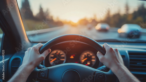 Person driving car with sunset in background, ideal for travel, transportation or automotivethemed designs. Steering wheel visible. Blurred background adds motion. Generative AI photo