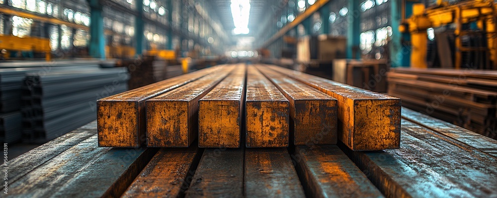 Precision in Steel: Realistic Image of Neatly Organized Metal Stacking in an Industrial Setting Precision in Steel: Realistic Image of Neatly Organized Metal Stacking in an Industrial Setting