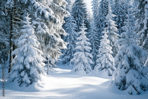 A serene winter landscape with snow-covered trees and a tranquil path.