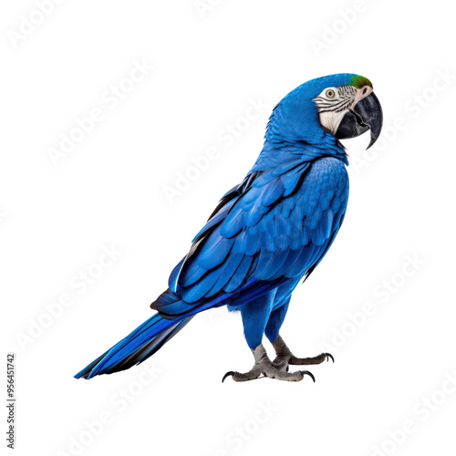 Blue macaw facing left on white background, perfect for wildlife conservation posters, tropical themed designs, or nature related projects photo