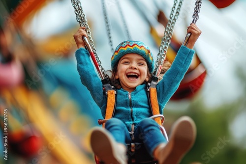 A young girl laughing joyfully while swinging high on a carnival swing ride, wearing a colorful beanie, symbolizing pure childhood joy and exhilaration.