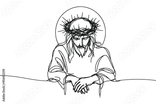 vector icon in flat style of one line on white background with the image of Jesus in a crown of thorns
