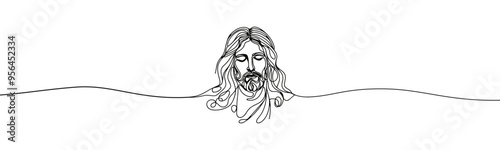 Vector icon in flat single line style on white background with image of Jesus with closed eyes
