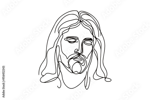 Vector icon in flat single line style on white background with image of Jesus with closed eyes
