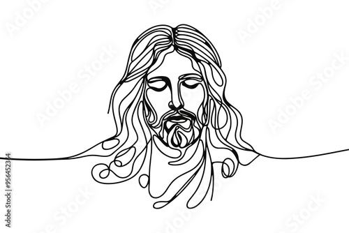 Vector icon in flat single line style on white background with image of Jesus with closed eyes
