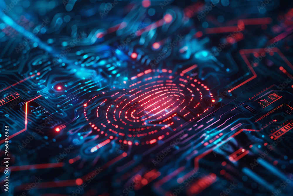 Fingerprint on circuit board. Biometric security for data protection concept. Digital identity in cyber space Fingerprint on circuit board. Biometric security for data protection concept. Digital identity in cyber space