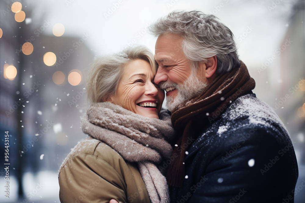 Obraz premium caucasian elderly couple happily cuddle each other under falling snow in the afternoon. gray haired man and woman in love, retired couple enjoying hugs