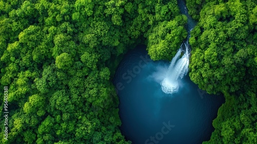 Aerial a cascading waterfall plunging into a deep pool surrounded by lush tropical vegetation, a powerful and mesmerizing natural spectacle
